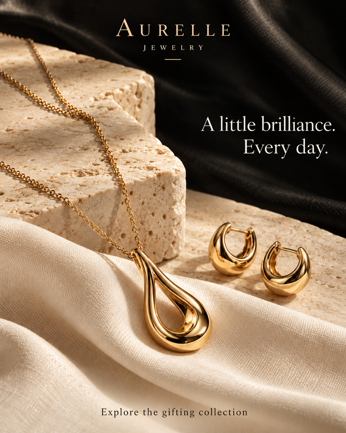 Sample promotional design for Aurelle Jewelry showcasing fine handcrafted jewelry collection and brand storytelling