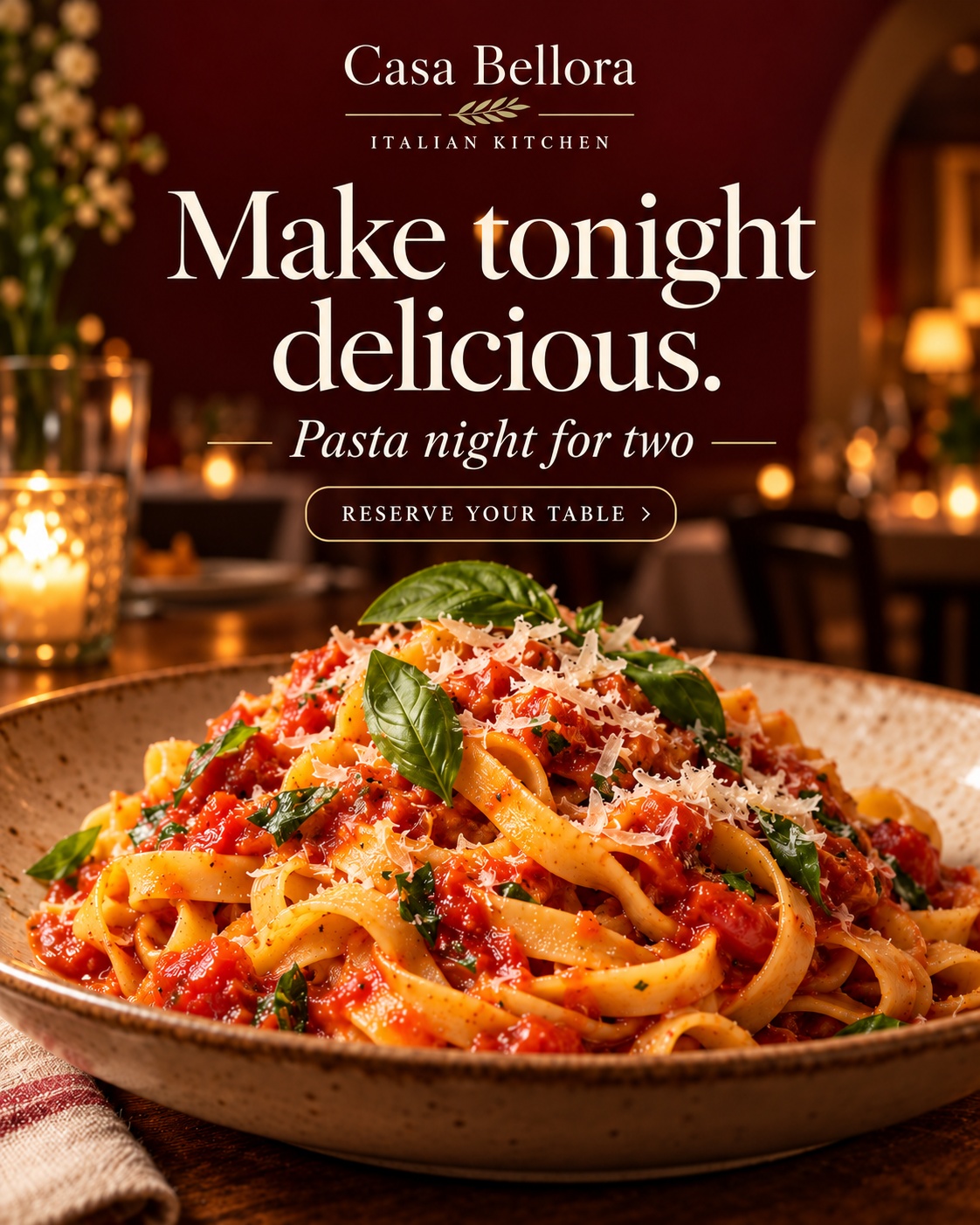Sample promotional design for Casa Bellora Italian Kitchen presenting authentic culinary dining promotional creative