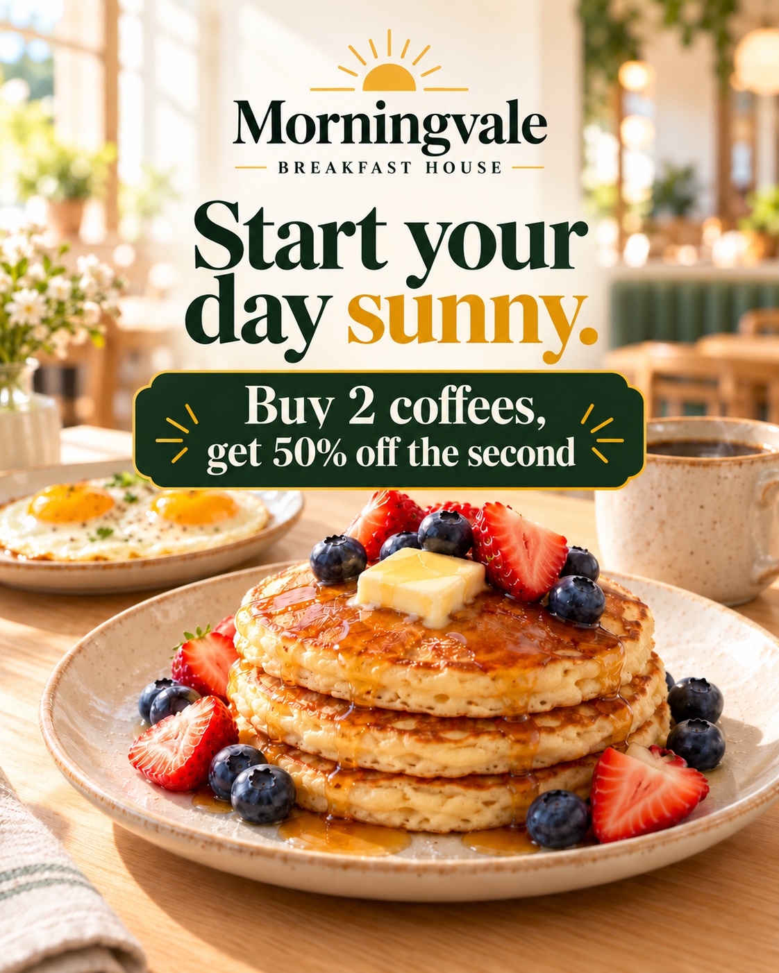 Sample promotional design for Morningvale Breakfast House featuring morning brunch special offer creative format
