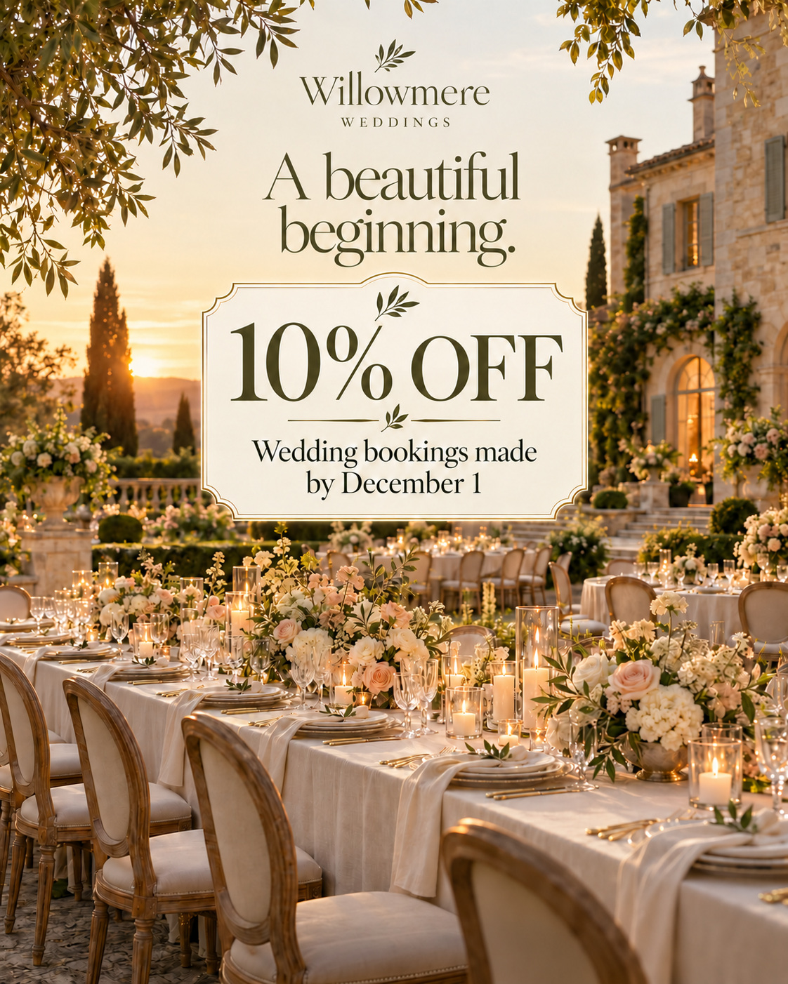 Sample promotional design for Willowmere Weddings displaying special wedding package offer and elegant visual layout